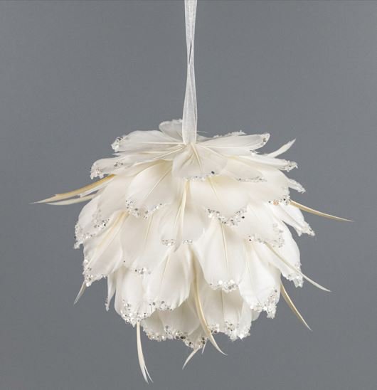 Ornament Ball Tipped With Glitter 6 inch --White/Silver Glitter