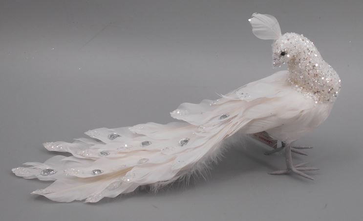 Feather Bird Ornament With Glitter 15 inch --White/Silver Glitter