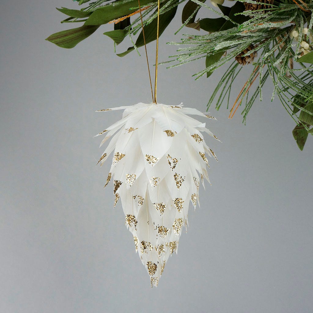 Pine Cone Ornament With Glitter Tips 6 inch --White/Gold Glitter