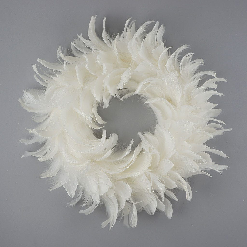 Feather Wreath 11.5 inch Base   12-13 inch DIA --White Tipped Opal Glitter