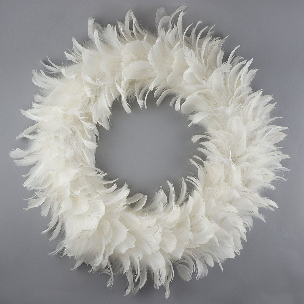 Feather Wreath 19.5 inch Base   20 inch DIA --White Tipped Opal Glitter