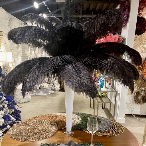 [OPF-CNTRPC-TRM-CL--BL] Ostrich Centerpiece 24 inch Trumpet Vase/Clear Water Gel Beads/Lights/25 pc Prime Feathers 17-27 inch --Black