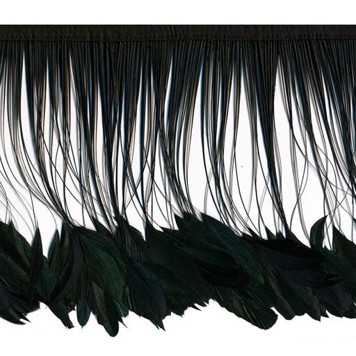 [BFCQNB10--BL-IRID] Rooster Half Bronze Stripped Coque Fringe With Bias 8-10 inch  1/4yd --Black Iridescent